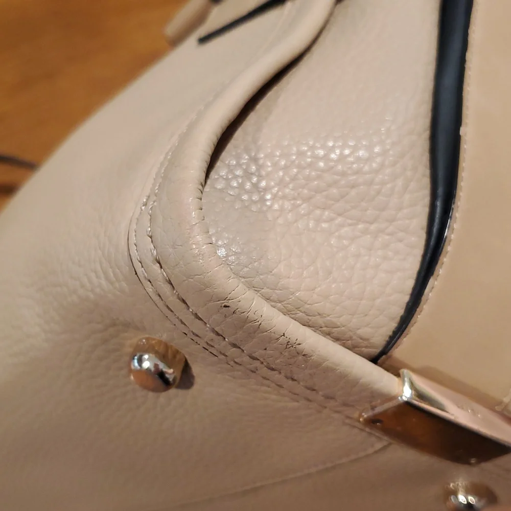 Neutral Beige Leather Satchel Handbag with Gold Hardware
